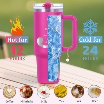 Personalized 40 oz Monogrammed Tumbler with Handle and Flip Straw Lid, 100% Leak Proof stainless steel Insulated Tumbler, Customized Initial Funny Gifts for Women Mom Sisters Coworker, A