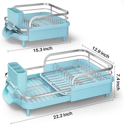 SAYZH Dish Drying Rack - Expandable Dish Rack for Kitchen Counter, Rust-Resistant Dish Drainer with Utensil Holder and Raised Guardrail, Kitchen Organizer for Cup and Bottle (Black)