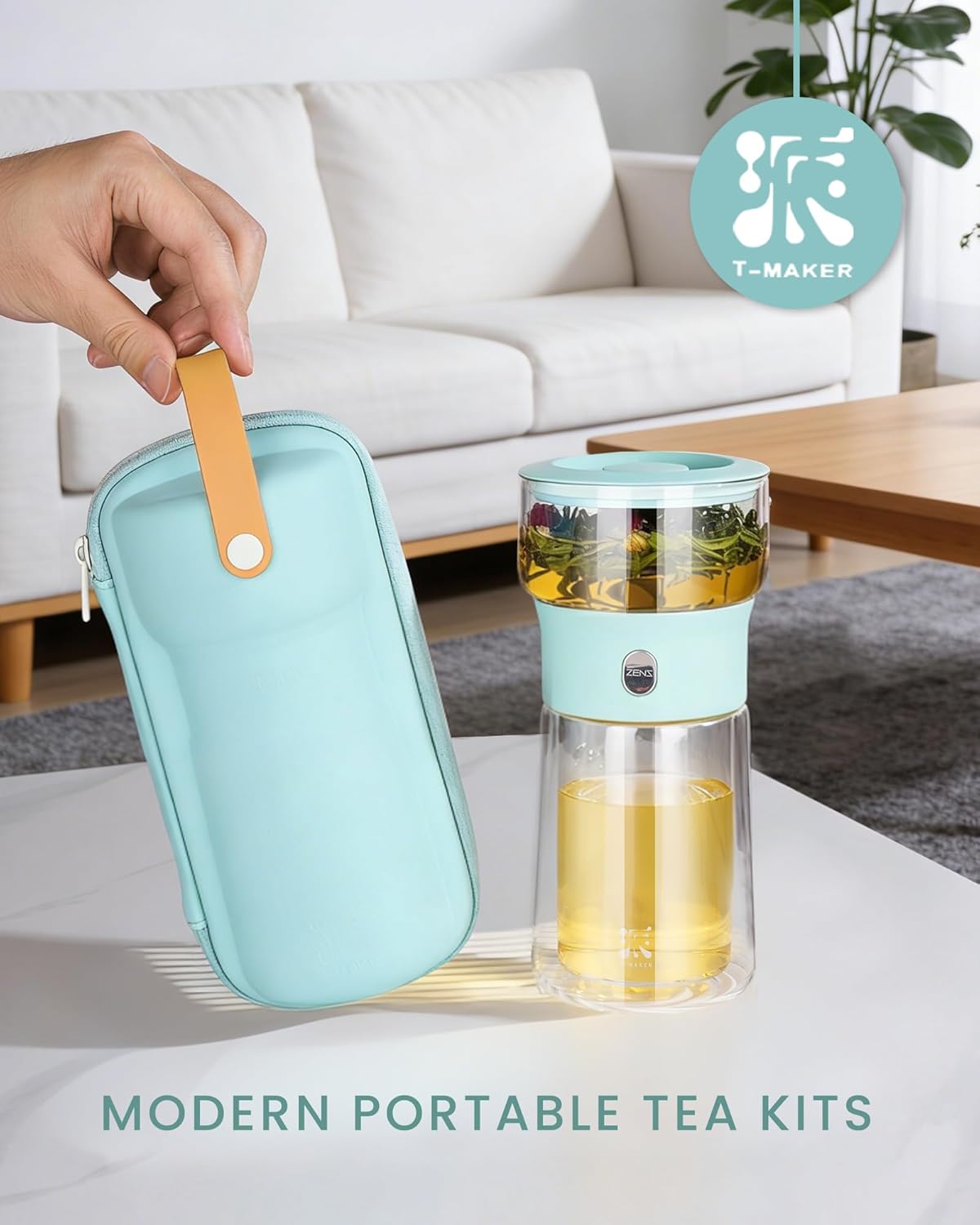 ZENS Modern Glass Infuser Teapot, One Touch Tea Maker for Loose Leaf Tea with Insulated Mug and Portable Case. Enchanted Pot Alternatives for Tea Lover Gifts