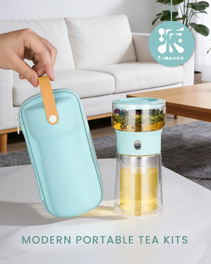 ZENS Modern Glass Infuser Teapot, One Touch Tea Maker for Loose Leaf Tea with Insulated Mug and Portable Case. Enchanted Pot Alternatives for Tea Lover Gifts