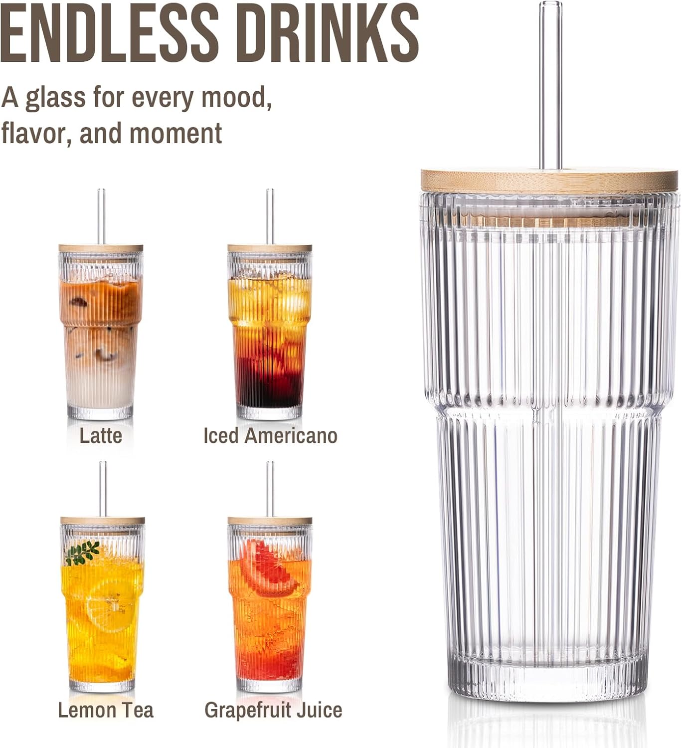 SoulTimes 20oz Glass Cups with Lids and Straws, Ribbed Glass Tumbler for Iced Coffee, Smoothie, Juice & Cold Drinks, Reusable Thick Glassware Set, Elegant Home & Travel Drinkware【2 Pack】