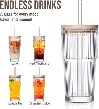 SoulTimes 20oz Glass Cups with Lids and Straws, Ribbed Glass Tumbler for Iced Coffee, Smoothie, Juice & Cold Drinks, Reusable Thick Glassware Set, Elegant Home & Travel Drinkware【2 Pack】