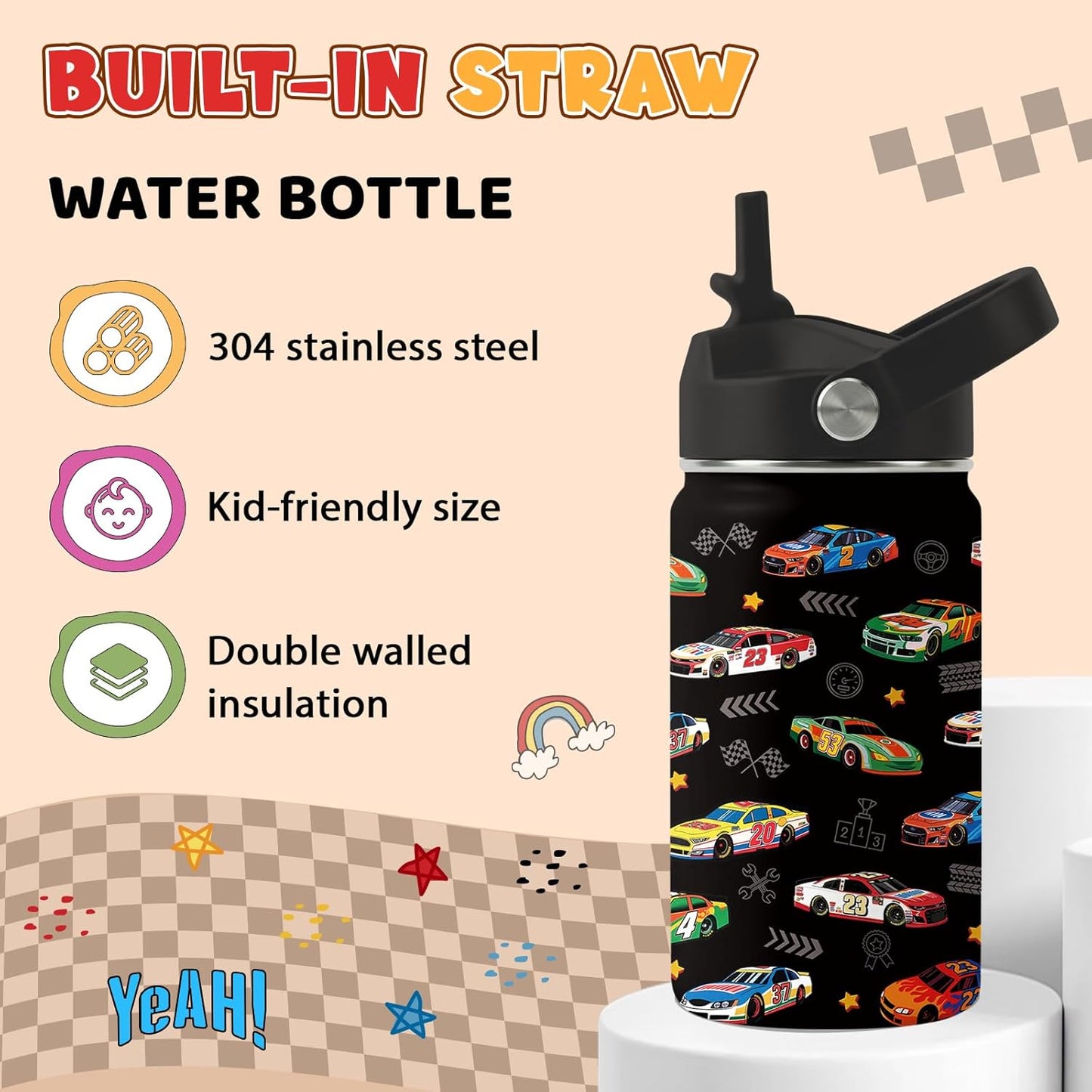Strawberry Gifts for Kids - 16oz Pink Kids Water Bottle with Straw Lid, Stainless Steel Insulated Water Bottle, Leakproof, BPA-Free, for Girls, School, Strawberry Lover Children Birthday Gift Cup(1pc)