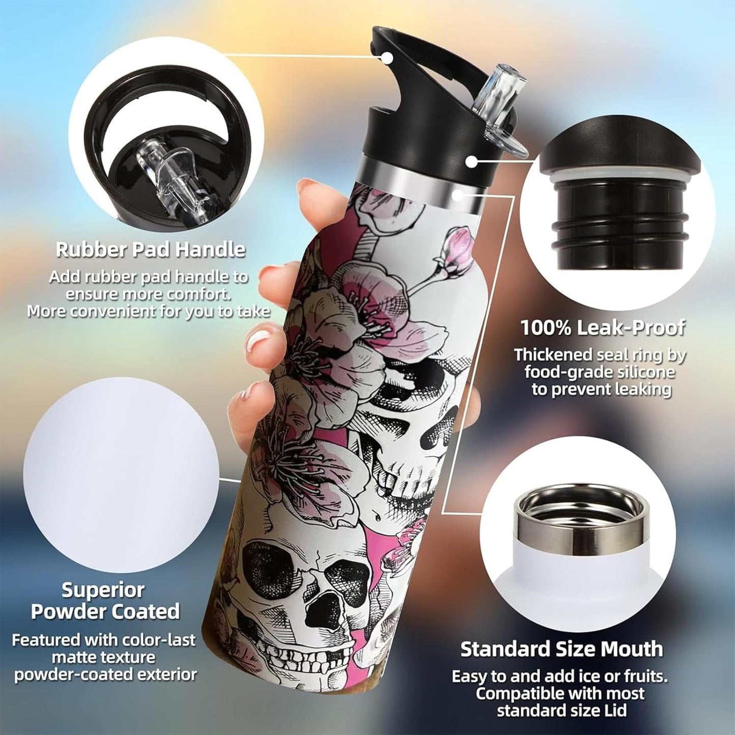 Pickleball Sport Water Bottle with Straw, Vacuum Insulated Stainless Steel Thermal Drinking Travel Mug Cups For Gym Fitness Camping-20oz/600ml