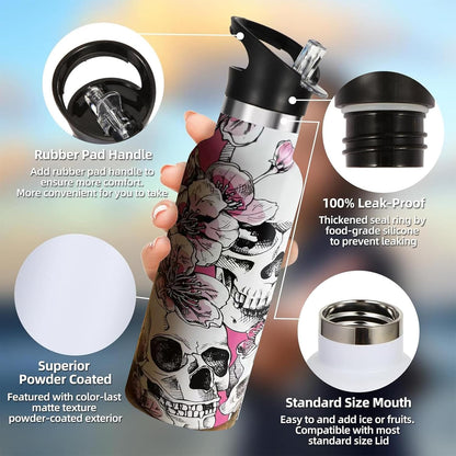 Pickleball Sport Water Bottle with Straw, Vacuum Insulated Stainless Steel Thermal Drinking Travel Mug Cups For Gym Fitness Camping-20oz/600ml