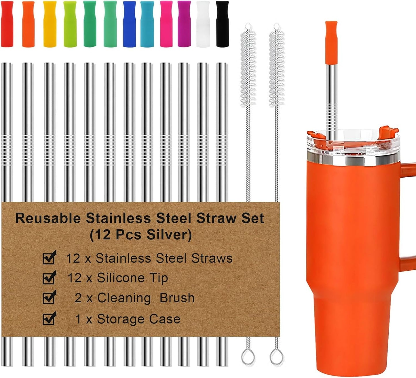 Reusable Stainless Steel Straws Set 6 PCS with 6 Silicone Tips, 2 Straw Brush, 1 Storage Case, Different Sizes of Metal Straws Reusable, Suitable for 14, 20, 30 oz Cups Tumbler, for Hot/Cold Drinks