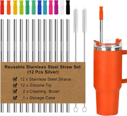 Reusable Stainless Steel Straws Set 6 PCS with 6 Silicone Tips, 2 Straw Brush, 1 Storage Case, Different Sizes of Metal Straws Reusable, Suitable for 14, 20, 30 oz Cups Tumbler, for Hot/Cold Drinks