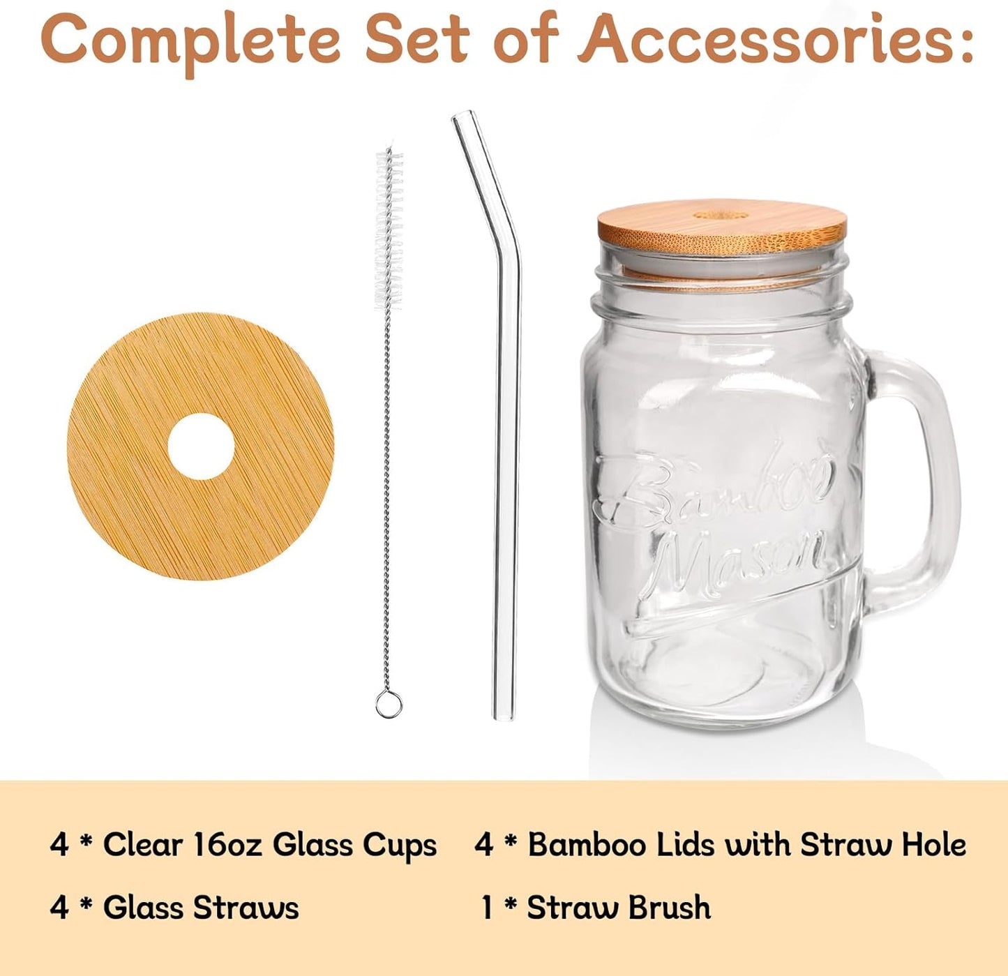 ANOTION Mason Jar Iced Coffee Cup with Lid and Straw, 24oz Regular Mouth Mason Jars with Handle Glass Coffee Drinking Glasses Tumbler Reusable Cups Bottles for Iced Coffee Cups for Travel Office Home