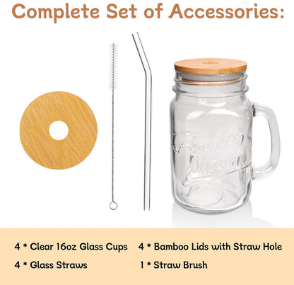 ANOTION Mason Jar Iced Coffee Cup with Lid and Straw, 24oz Regular Mouth Mason Jars with Handle Glass Coffee Drinking Glasses Tumbler Reusable Cups Bottles for Iced Coffee Cups for Travel Office Home