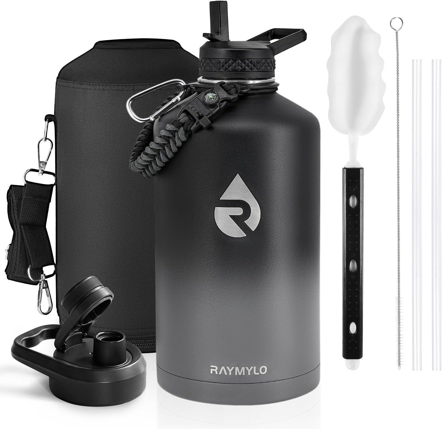 RAYMYLO One Gallon Water Bottle Insulated, Triple Walled Vacuum Stainless Steel (Cold for 48 Hrs), Leak Proof & Non-BPA, Large Water Flask Jug with Paracord Handle & Straw Spout Lids