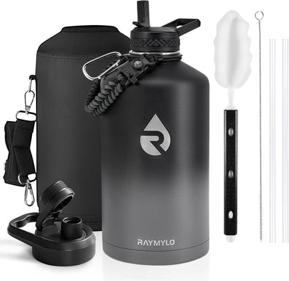 RAYMYLO One Gallon Water Bottle Insulated, Triple Walled Vacuum Stainless Steel (Cold for 48 Hrs), Leak Proof & Non-BPA, Large Water Flask Jug with Paracord Handle & Straw Spout Lids