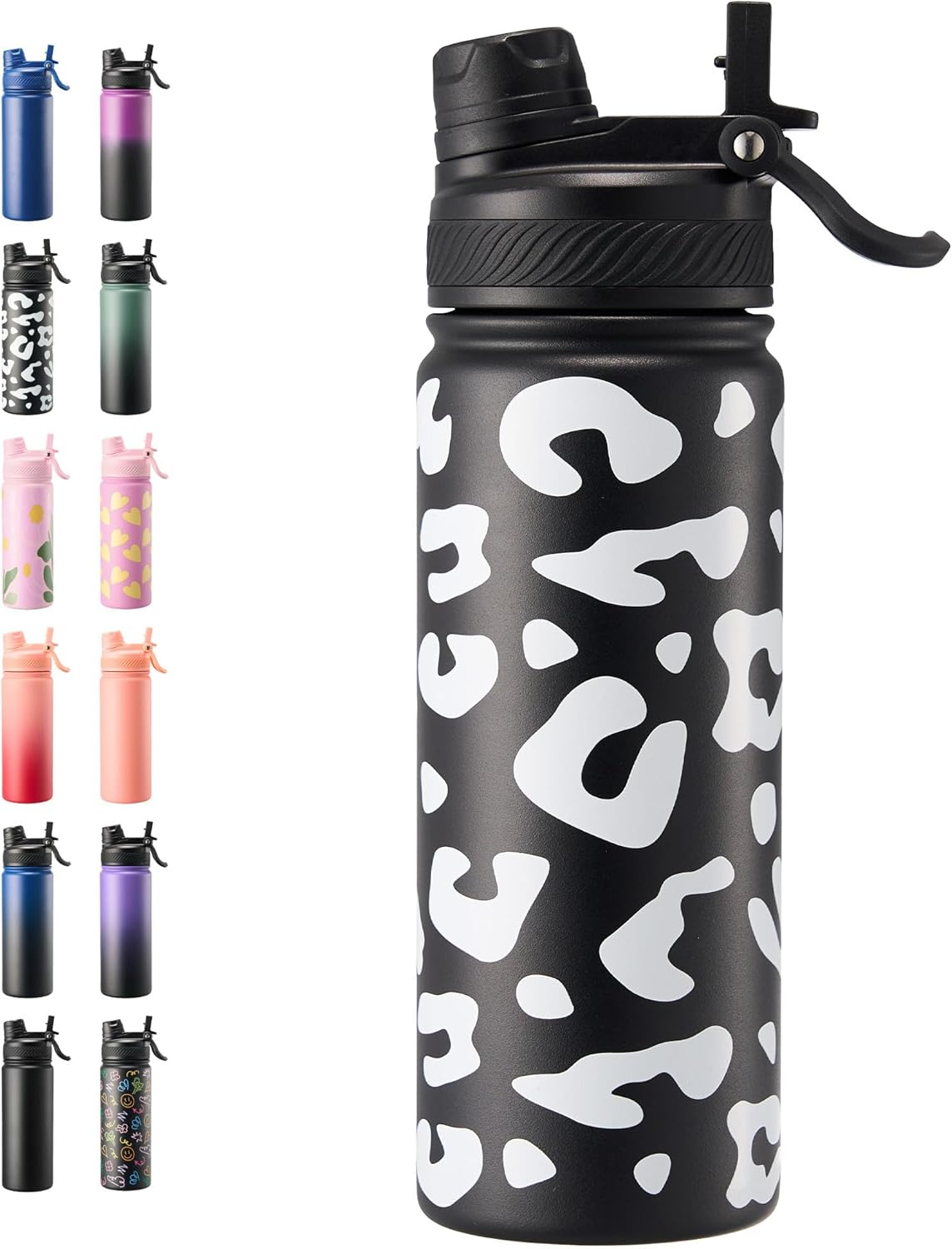 Fijinhom 18 oz Insulated Water Bottle, 2-in-1 Straw and Spout Lid Stainless Steel Thermos, Leak-Proof, Double Wall Vacuum Flask, Keep Cold 24H for Outdoor, Sports, Travel, School (Black)