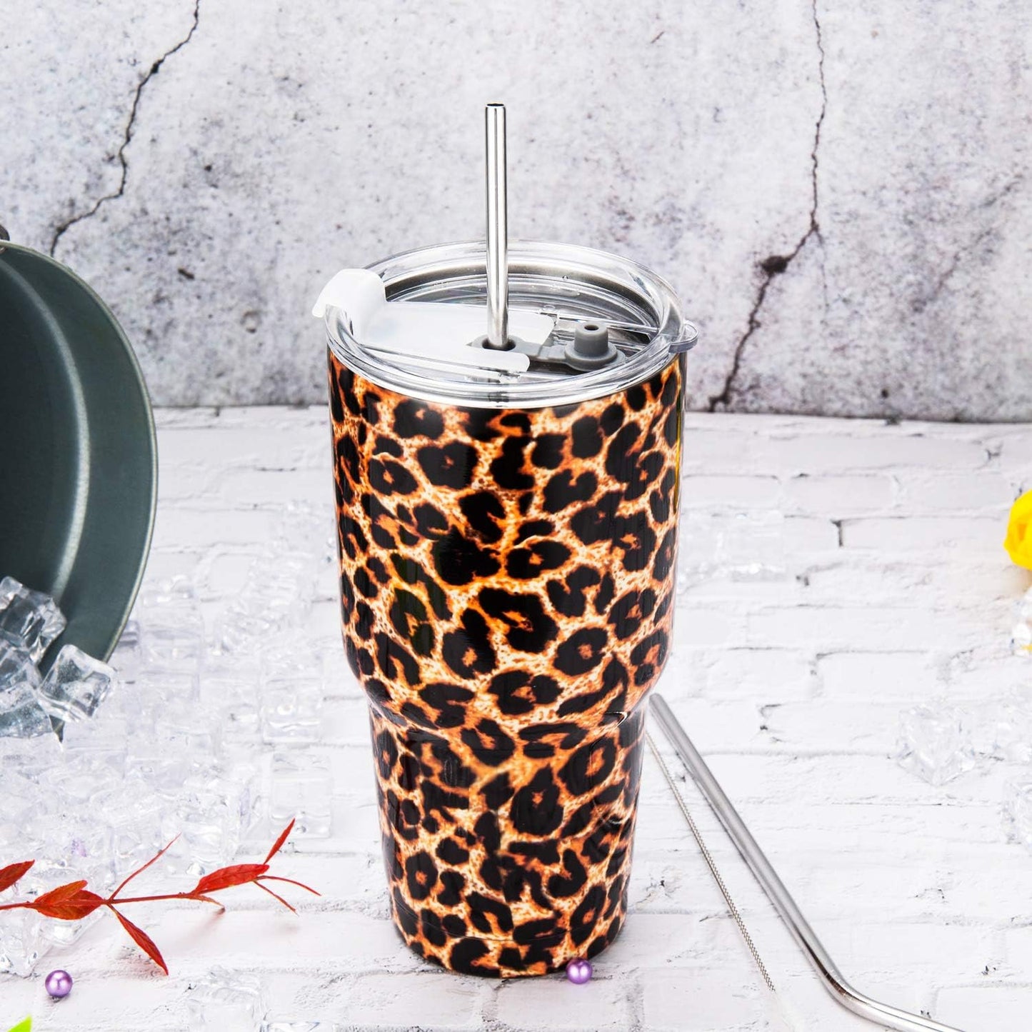 D·S 30oz Blue Tumbler Stainless Steel Double Wall Vacuum Insulated Mug with Straw and Lid, Cleaning Brush for Cold and Hot Beverages