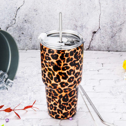 D·S 30oz Blue Tumbler Stainless Steel Double Wall Vacuum Insulated Mug with Straw and Lid, Cleaning Brush for Cold and Hot Beverages