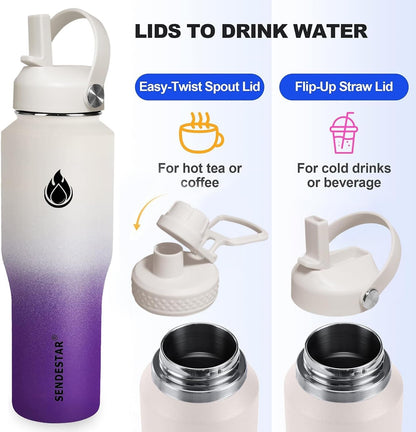 SENDESTAR 40oz Water Bottle Wide Mouth Stainless Steel Vacuum Insulated Double Wall with Straw Lids Fit in Any Car Cup Holder