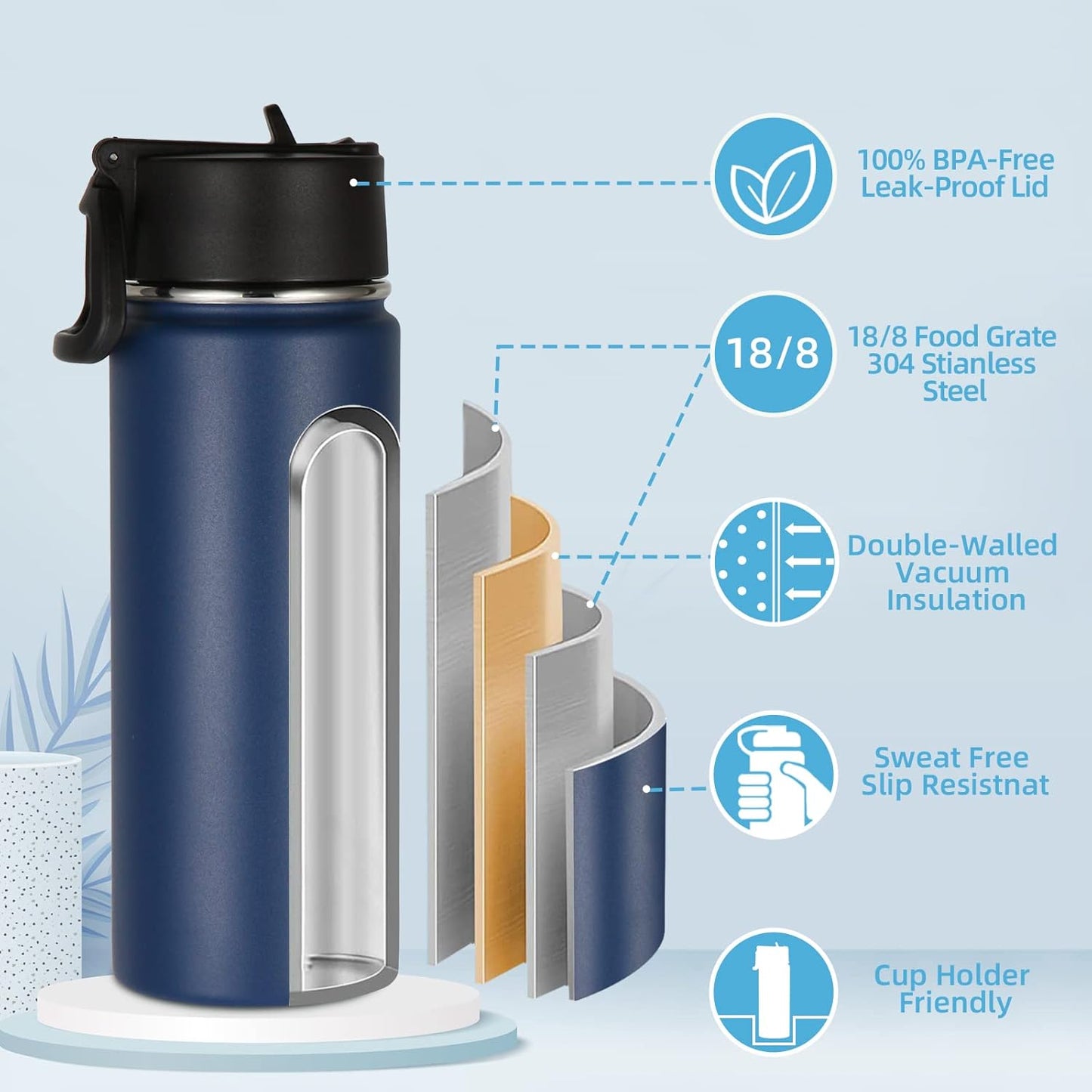 Volhoply 16 OZ Kids Water Bottle Bulk 8 Pack,Insulated Sports Bottles with Straw Lid,Stainless Steel Bottle with Handle Keep Cold & Hot,Double Wall Vacuum Tumbler Cups for School(Eight Color, 8)