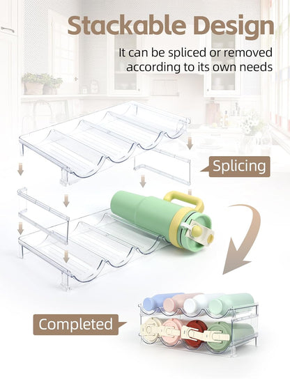 Stackable Water Bottle Organizer, 4-Tier Clear Large Compartment Holder with Stable One-Piece Side-Panel Design, Prevents Tipping & Rolling for Cabinet & Kitchen Storage, Holds 16 Bottles