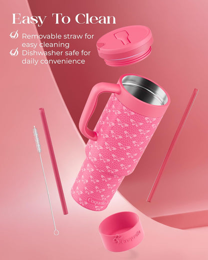 40 oz Insulated Tumbler with Handle and Push-Button Straw Lid, Stainless Steel Travel Cup for Gym Office, Leakproof, BPA-Free, Cup Holder Friendly, Bow Silicone Boot, Purple (Light Lilac)