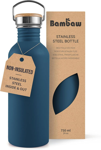 Bambaw Stainless Steel Water Bottles 32 oz, Non-insulated Single Wall Metal Water Bottle Stainless Steel, Reusable & Eco Friendly, Dishwasher Safe – Silver | Non-insulated