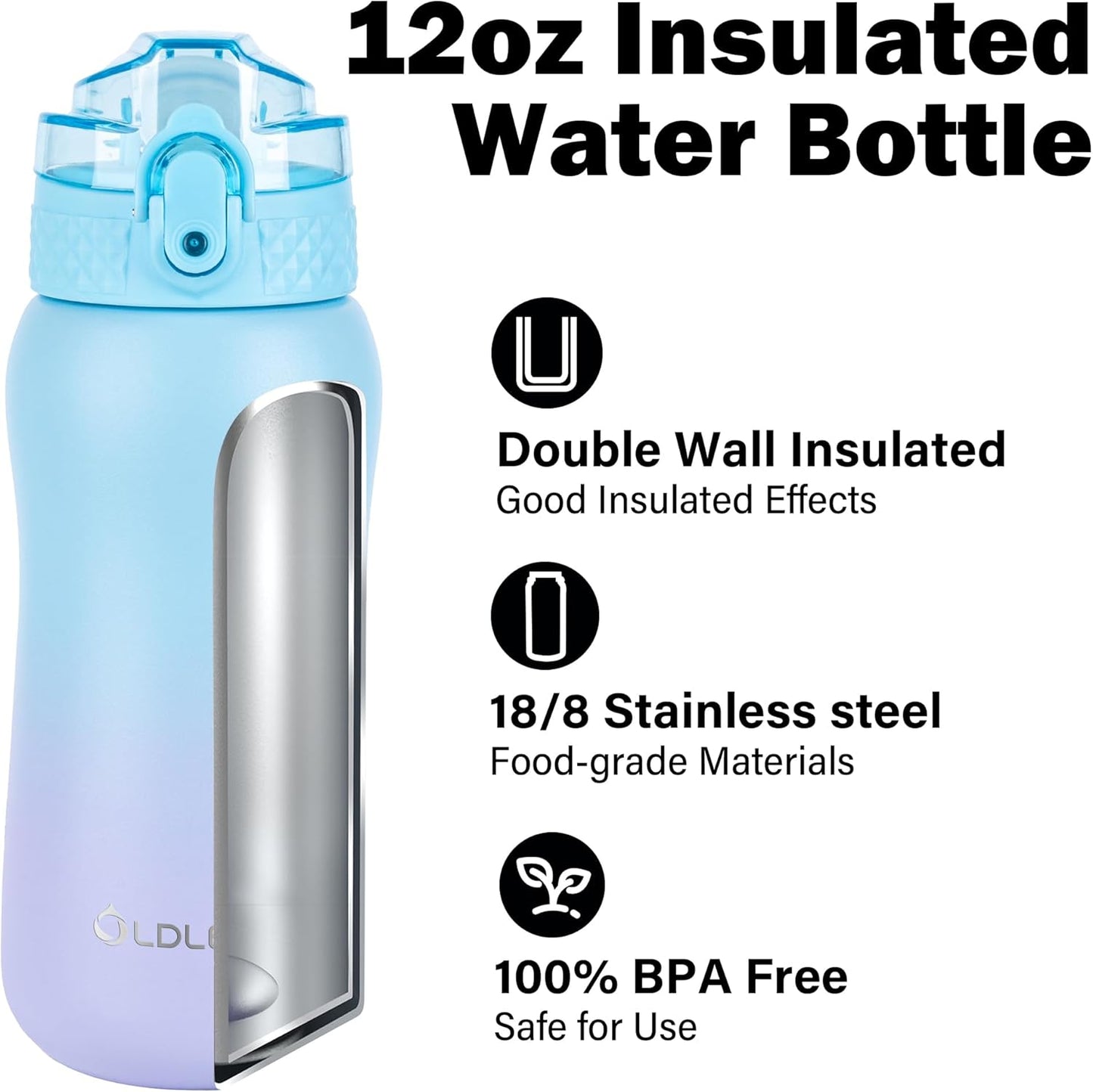 Oldley Insulated Water Bottle 20oz for Adults Kids Stainless Steel Water Bottles with Straw/Chug/Carabiner 3 Lids Fruit Strainer Double Wall Vacuum Wide Mouth BPA Free Leak-Proof for School Travel