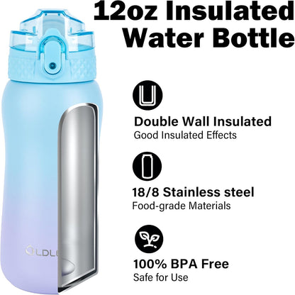 Oldley Insulated Water Bottle 20oz for Adults Kids Stainless Steel Water Bottles with Straw/Chug/Carabiner 3 Lids Fruit Strainer Double Wall Vacuum Wide Mouth BPA Free Leak-Proof for School Travel