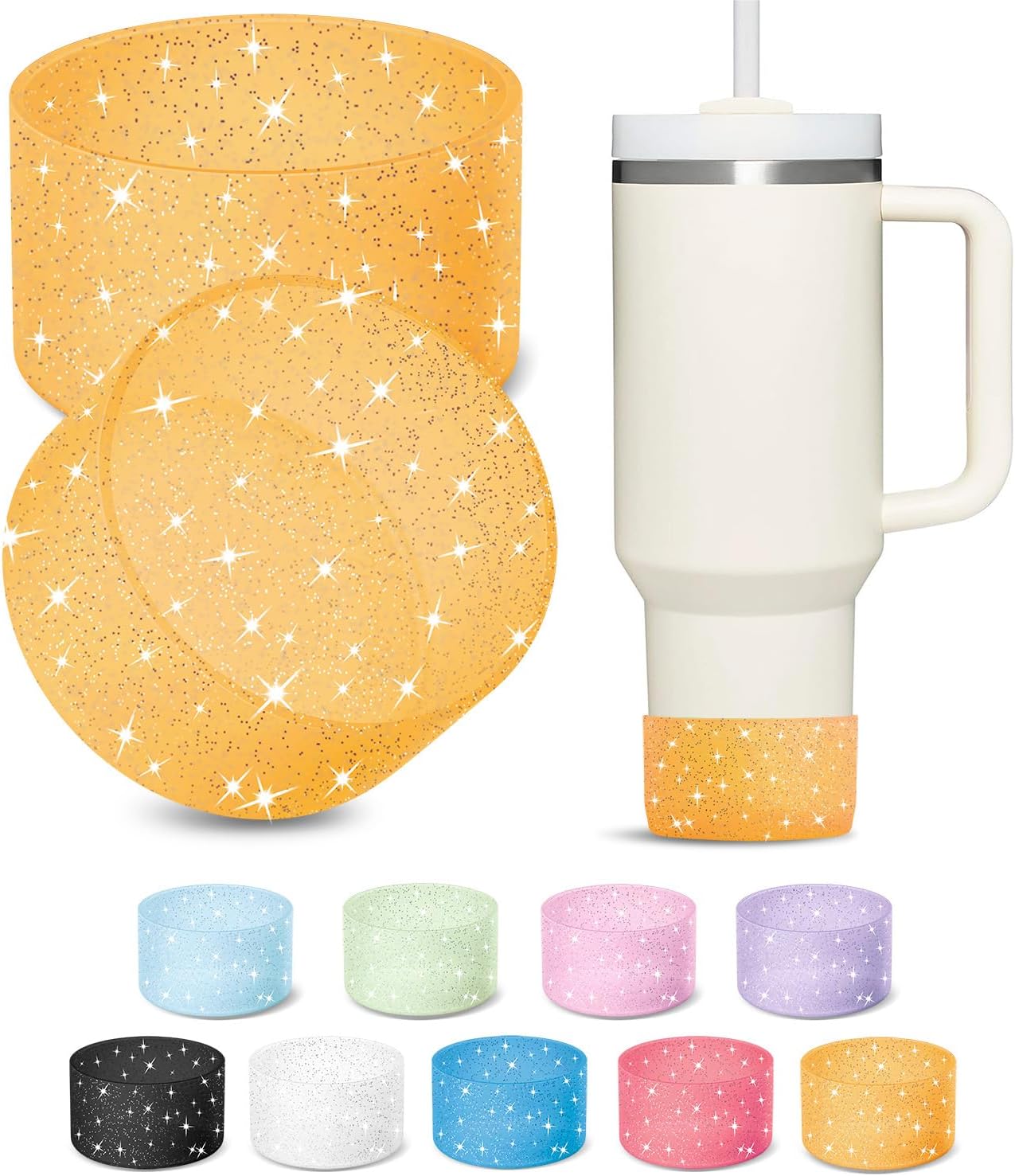 KTKUDY 2 PCS Glitter Silicone Boot Compatible with Stanley Tumbler 20 30 40 oz & Fits Hydro Flask Water Bottle 12-24oz & Fits Yeti, Simple Modern, Owala Cup - Bling Cup Bottom Protector Accessories