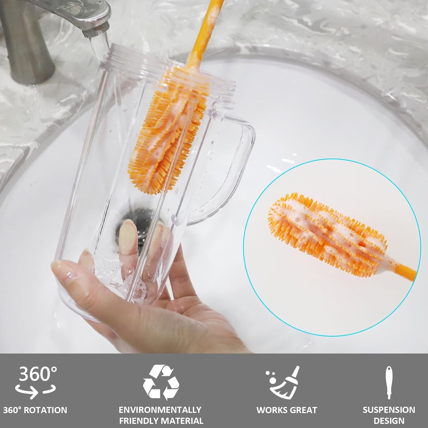 Silicone Bottle Cleaning Brush with Long Handle, 12.5" Water Bottle Cleaner for Baby Bottles, Hydro Flask, Sports Bottle, Vase, Glassware, Perfect for Smaller Diameter Bottle Openings (One Pack)