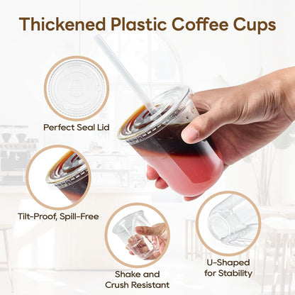 Vplus 100 Pack 12 oz Iced Coffee Cups with Lids, Disposable Plastic Cups with Lids and Straws for Cold Beverages, Juice, Milkshakes, Coffee Shops, Parties and Daily Use