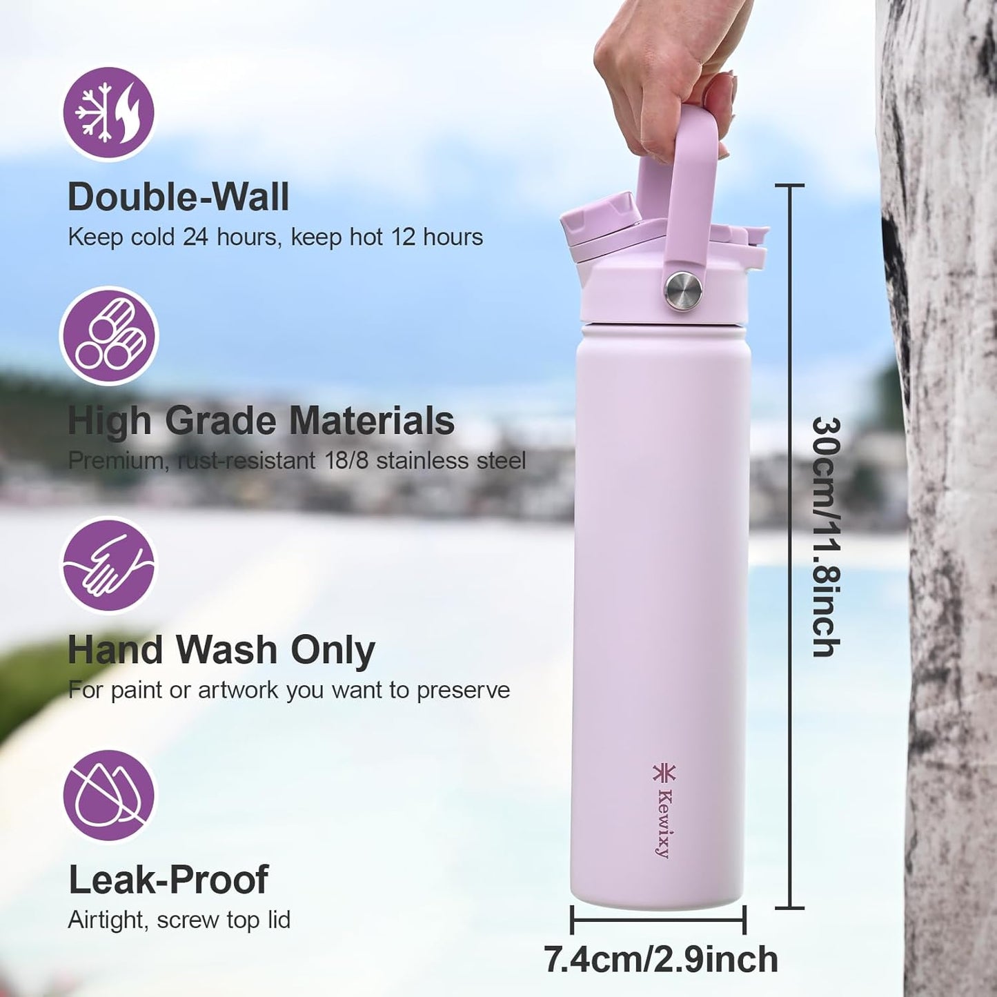 KEWIXY 32 oz Insulated Water Bottle, 2-in-1 Lid, Straw & Spout with Protected, Leak Proof, Keep Cold, Stainless Steel, Metal, Reusable, Handle, for Outdoor, Gym and School, 2 Lids, Blush Pink