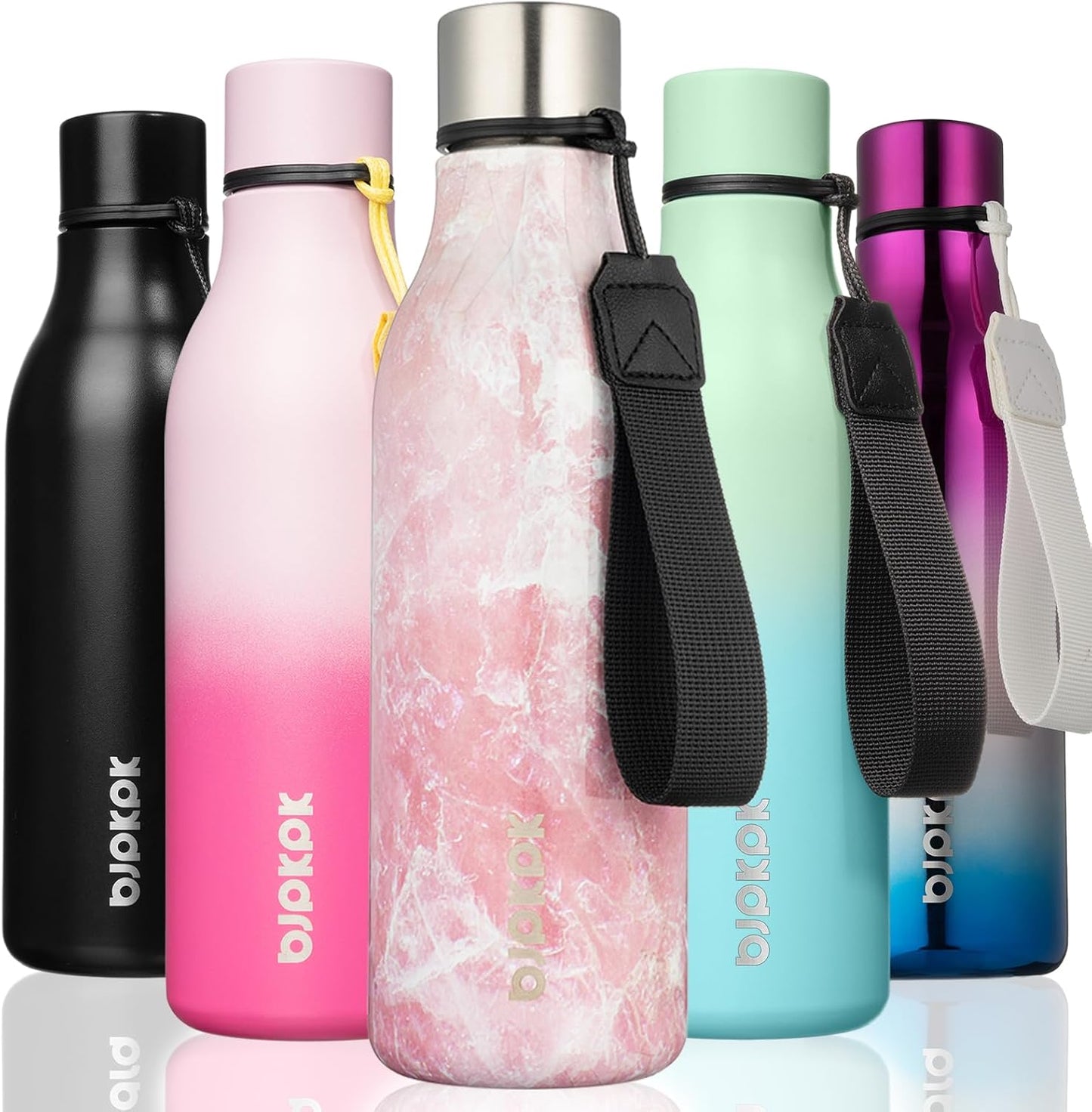 BJPKPK Insulated Water Bottles, 18 oz Stainless Steel Metal Water Bottle with Strap, BPA Free Leak Proof Jugs, Mugs, Flasks, Reusable Thermal Flasks for Sports & Travel, Black - Colors A