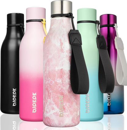 BJPKPK Insulated Water Bottles, 18 oz Stainless Steel Metal Water Bottle with Strap, BPA Free Leak Proof Jugs, Mugs, Flasks, Reusable Thermal Flasks for Sports & Travel, Black - Colors A