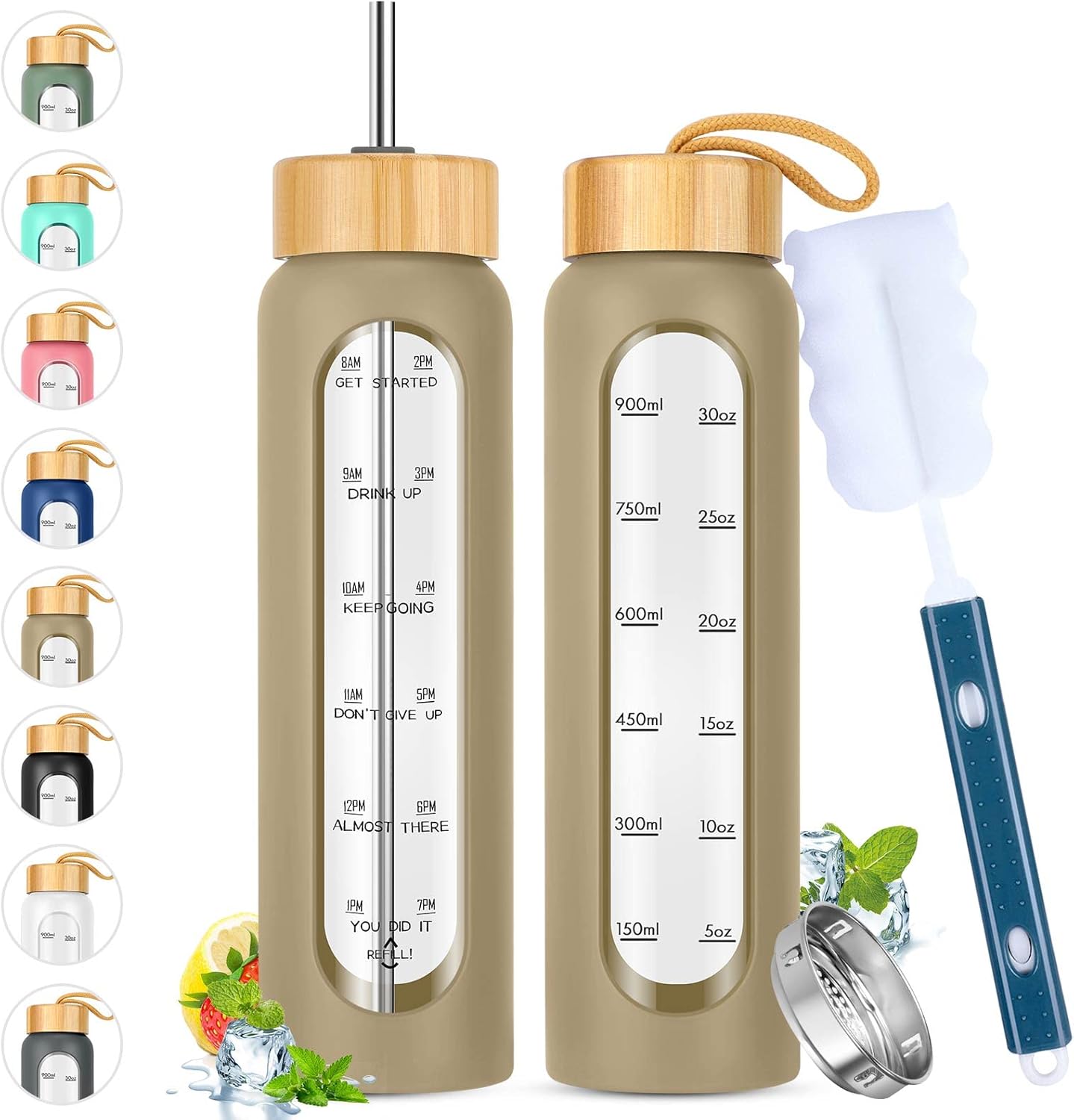 SipZest 32 oz Glass Water Bottle with Straw - Motivational Time Marker & Silicone Sleeve - Reusable Tumbler Includes 2 Bamboo Lids & Fruit Infuser - 1 Pack