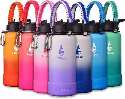 Farsea Insulated Water Bottle With Paracord Handle, Protective Silicone Boot and 2 Lids (Straw Lid & Spout Lid), Stainless Steel Water Bottle Wide Mouth, Double Wall Sweat-Proof BPA-Free, 24 oz