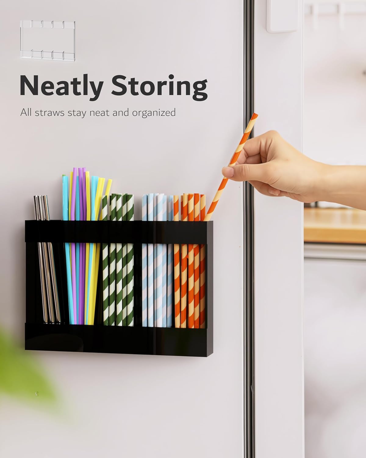 Upgraded 9.5'' Large Acrylic Straw Holder for Cabinet Door, Adjustable Space-Saving Straw Organizer Storage Dispenser for Cabinet with Ultra Sticky Adhesive Strips, 2-Part Rack, Drainage Holes