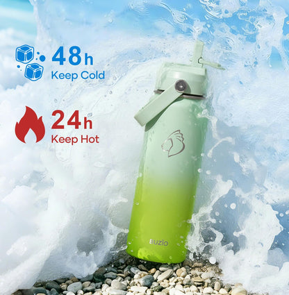 BUZIO 40oz Insulated Water Bottle, Triple Wall Vacuum Stainless Steel Water Flask with 2 lids, Lead-Free BPA-Free Straw Lid Sports Canteen Jug, Cold 48H & Hot 24H- Black - Colors A