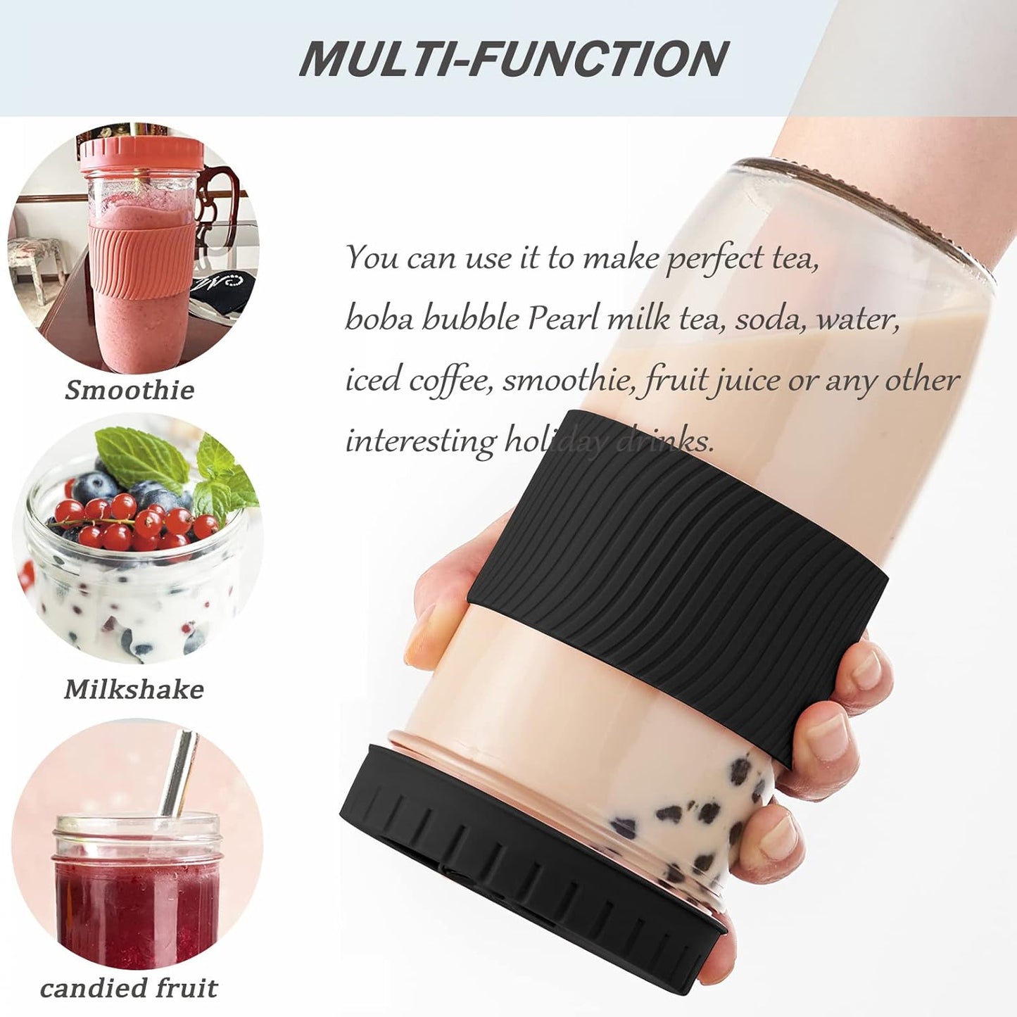 Amyoole 2 Pack Reusable Boba Cup, 24Oz Wide Mouth Smoothie Cup,mason Jar Glass Cups with Lids and Straws,Bubble/Boba Tea Cups,Ice Coffee Tumbler 2 colored straws 1 sponge brush(Pink)