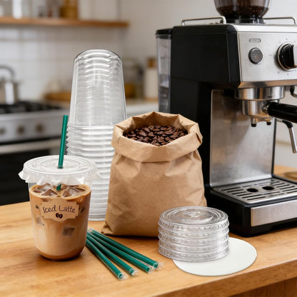 25 Sets 16 oz Clear Plastic Cups with Lids and Straws, Disposable Iced Coffee Cups for Cold Beverages, Smoothies, Bubble Tea, Includes Leak-Proof Paper and Stickers