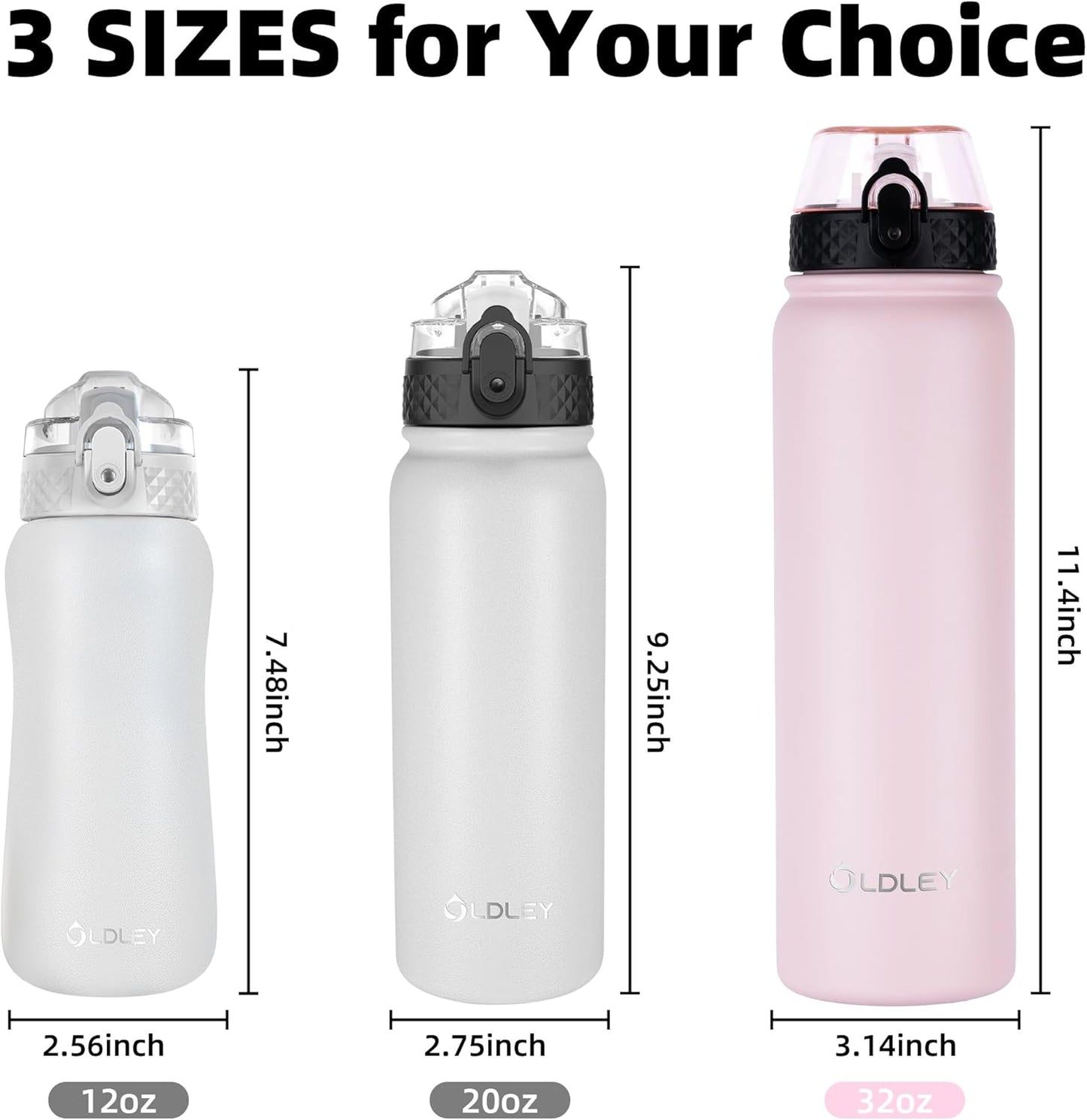 Oldley Insulated Water Bottle 20oz for Adults Kids Stainless Steel Water Bottles with Straw/Chug/Carabiner 3 Lids Fruit Strainer Double Wall Vacuum Wide Mouth BPA Free Leak-Proof for School Travel