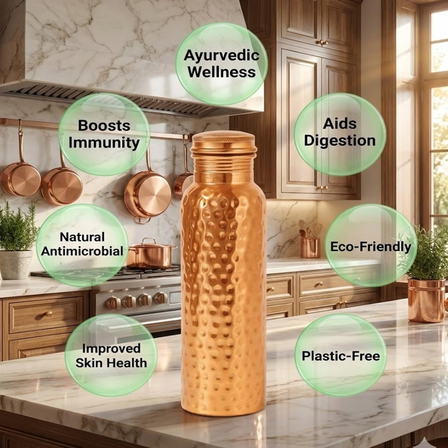 Taluka 100% Real Pure Copper Water Bottle For Drinking 34 OZ/1000 ML Hammered Copper Bottle With Straw Handcrafted Leak Proof Design Ayurveda Health Benefits For Yoga Office Travel Gym