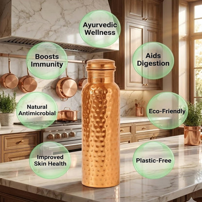 Taluka 100% Real Pure Copper Water Bottle For Drinking 34 OZ/1000 ML Hammered Copper Bottle With Straw Handcrafted Leak Proof Design Ayurveda Health Benefits For Yoga Office Travel Gym