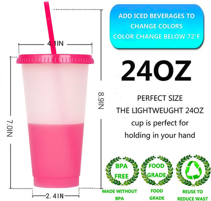 Color Changing Cups, 5 Pack 24oz Plastic Tumblers, Reusable Iced Coffee & Smoothie Cups with Lids and Straws for Parties and Travel