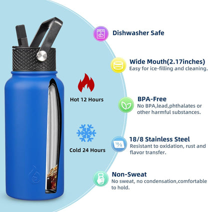 BJPKPK Insulated Water Bottles with Straw Lid, 40oz Stainless Steel Water Bottles with 3 Lids, BPA Free Leakproof Thermo, Tumblers, Cups for Sports, Gym- Midnight - Colors A