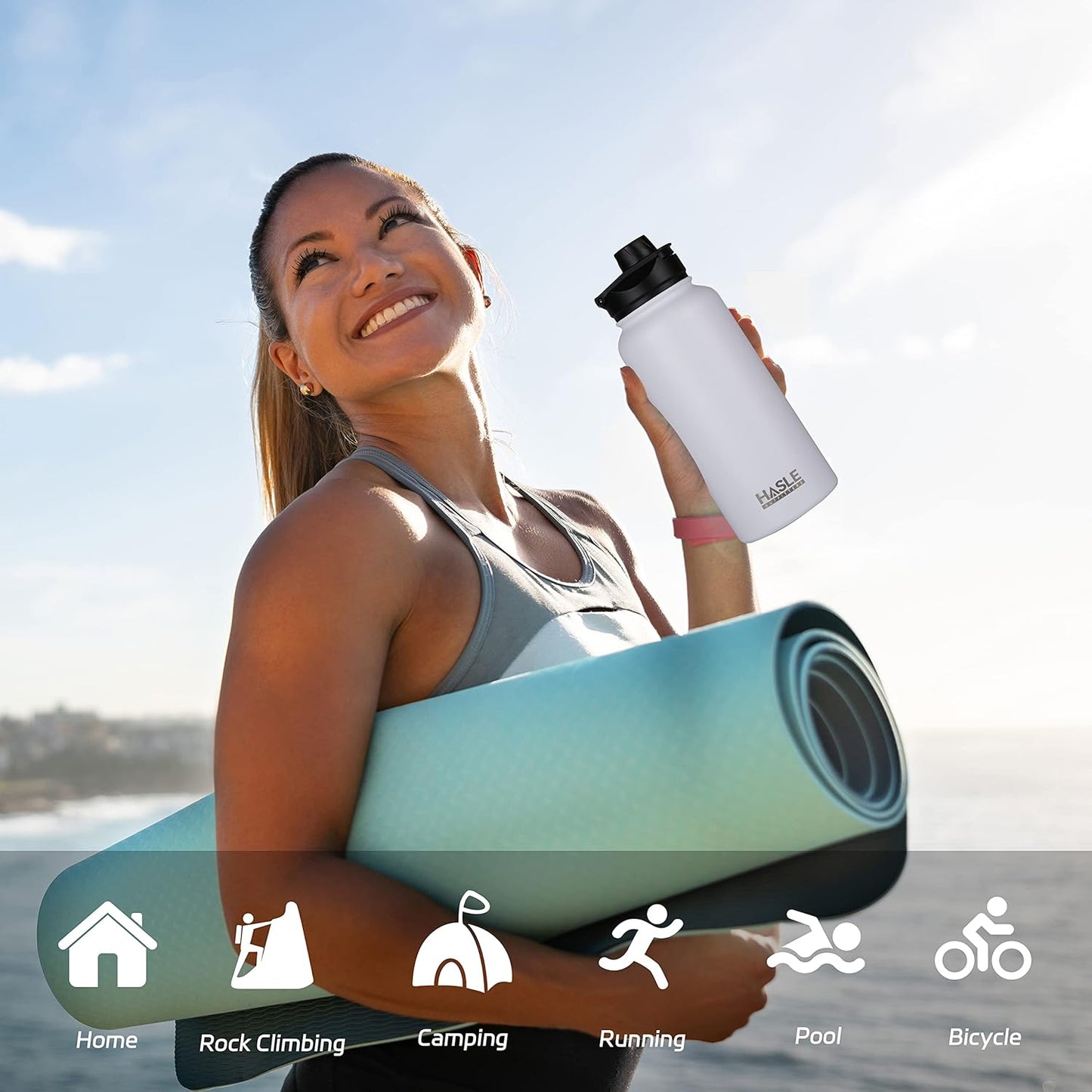 HASLE OUTFITTERS 32 oz Insulated Water Bottle Stainless Steel Double Walled Vacuum Sports Water Bottle with 2 Lids (Straw and Spout Lid) for Gym Camping Hiking(Black,1)