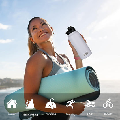 HASLE OUTFITTERS 32 oz Insulated Water Bottle Stainless Steel Double Walled Vacuum Sports Water Bottle with 2 Lids (Straw and Spout Lid) for Gym Camping Hiking(Black,1)
