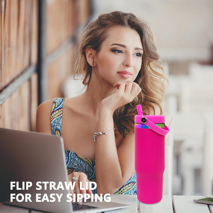 30 oz Tumbler Bulk with Handle and Straw, Vacuum Insulated Tumblers with Flip Straw and Top Handle, Leakproof Powder Coated Tumbler, Stainless Steel Travel Mug for Coffee (Black, 1 Pack)