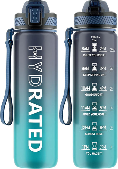 QLUR Water Bottle with Straw, 32oz Motivational Water Bottles with Time Marker to Drink, Tritan BPA Free, 1L Sports Water Bottle with Carry Strap LeakProof for Women Gym Fitness Outdoor (1 Pack)