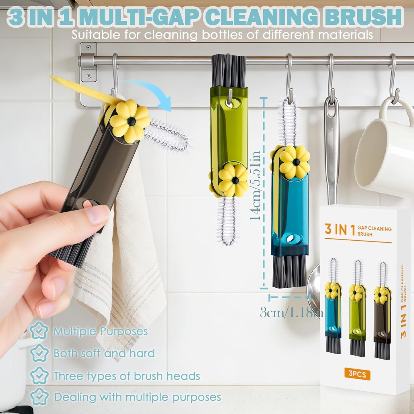 3 in 1 Cup Lid Cleaning Brush, 4PCS Multifunctional Crevice Cleaning Brush for Water Bottle Insulated Cup Tumbler Lid Groove Narrow Space Detail Cleaner Home Kitchen Gadgets