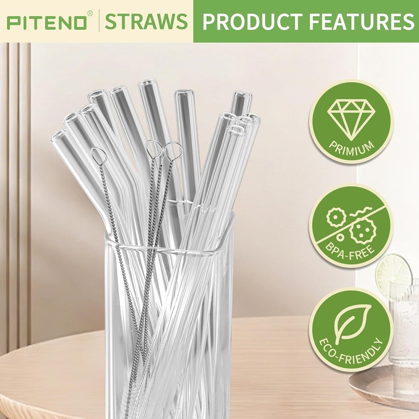 Piteno® 12Pcs Glass Straws with 4Pcs Brushes, Reusable Clear Glass Drinking Straws, 8.5''x10MM, Set of 6 Straight and 6 Bent with 4 Cleaning Brushes, Perfect for Smoothies, Milkshakes, Juice, Tea