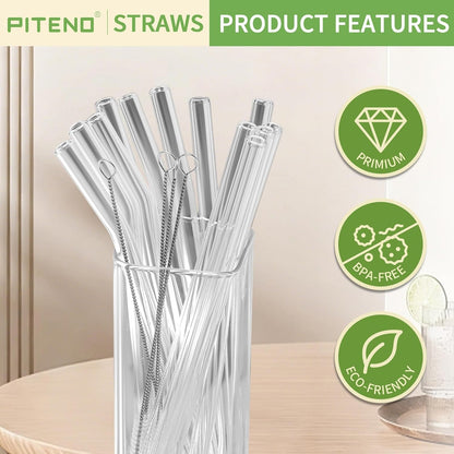 Piteno® 12Pcs Glass Straws with 4Pcs Brushes, Reusable Clear Glass Drinking Straws, 8.5''x10MM, Set of 6 Straight and 6 Bent with 4 Cleaning Brushes, Perfect for Smoothies, Milkshakes, Juice, Tea
