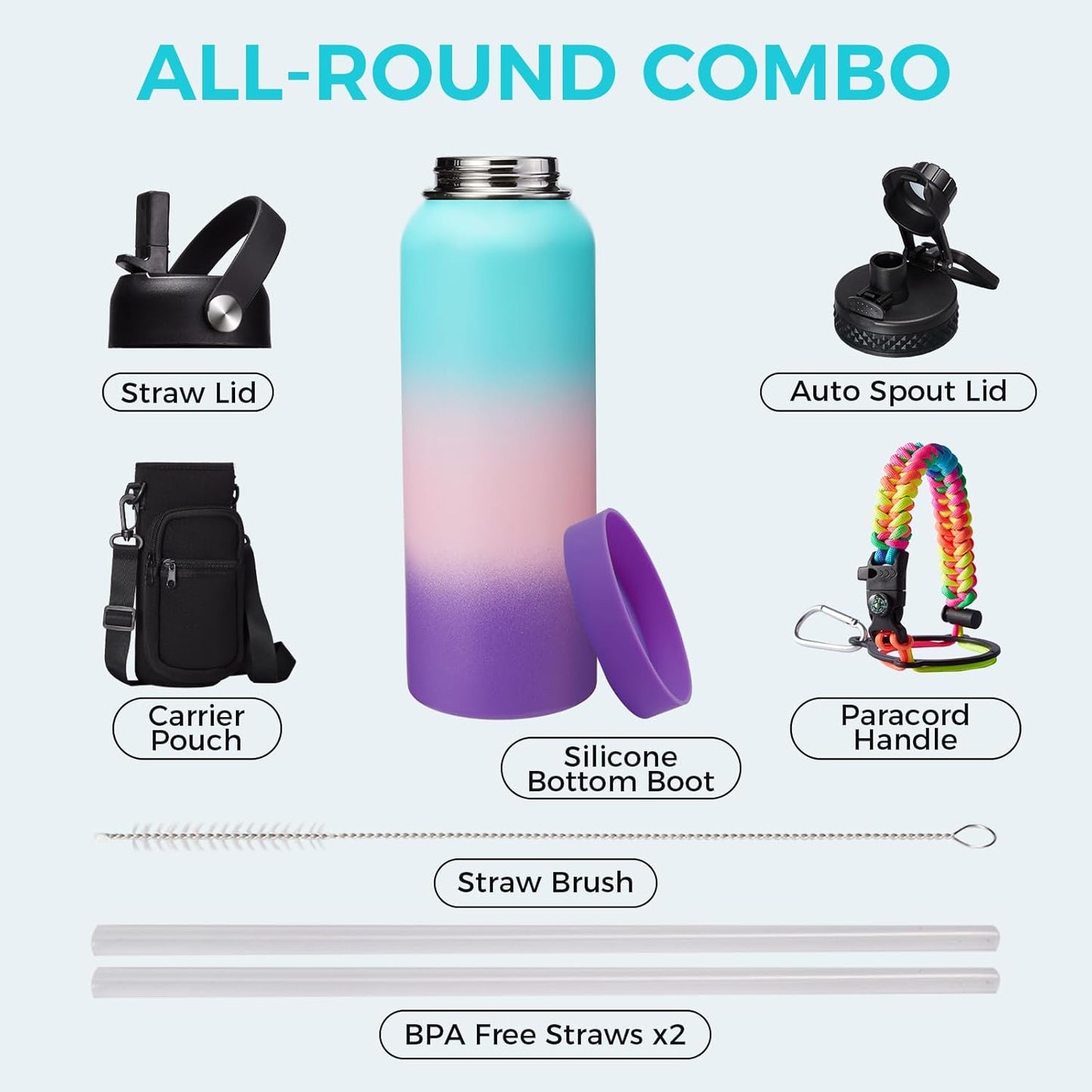 32/40/64OZ Insulated Water Bottle - Keep Cold 48H Hot 24H, Combo Straw/Spout Lids, Paracord Handle for Gym/Hiking, Carrier Bag +Strap, Cup Mat, BPA-Free Stainless Steel Flask Jug